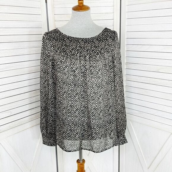 Ann Taylor Loft Printed Pullover Blouse Cream Black Medium Long Sleeve - Picture 1 of 12
